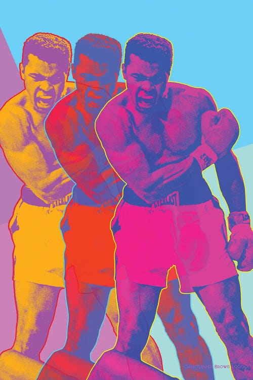 Colorful wall art of three versions of Muhammad Ali in orange red and pink by Christopher Brown