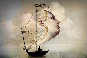 Boat art of a black sailboat with a woman’s face coming out of the sail against a gray sky by Catrin Welz-Stein