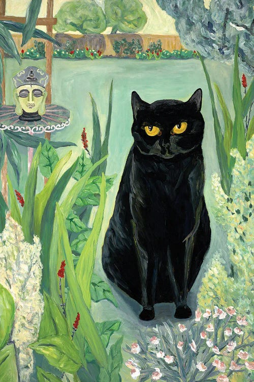 Painting of a black cat in a green garden next to Buddha statue by new iCanvas creator Deborah Eve Alastra