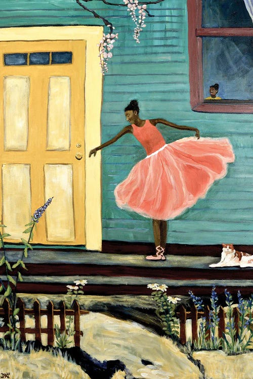 Painting of a Black ballerina in pink practicing on her porch as her sister looks out the window by Deborah Eve Alastra
