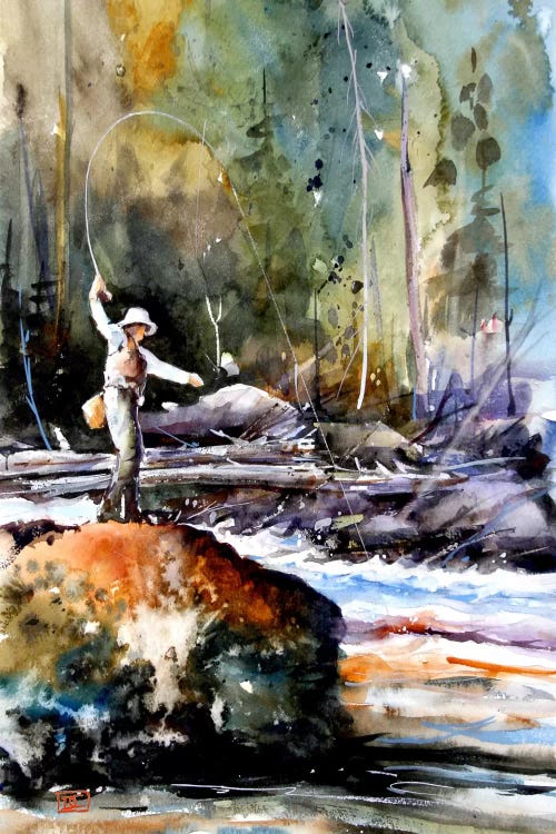 Outdoorsy art painting of fisherman casting a line on the river from a rock by iCanvas artist Dean Crouser