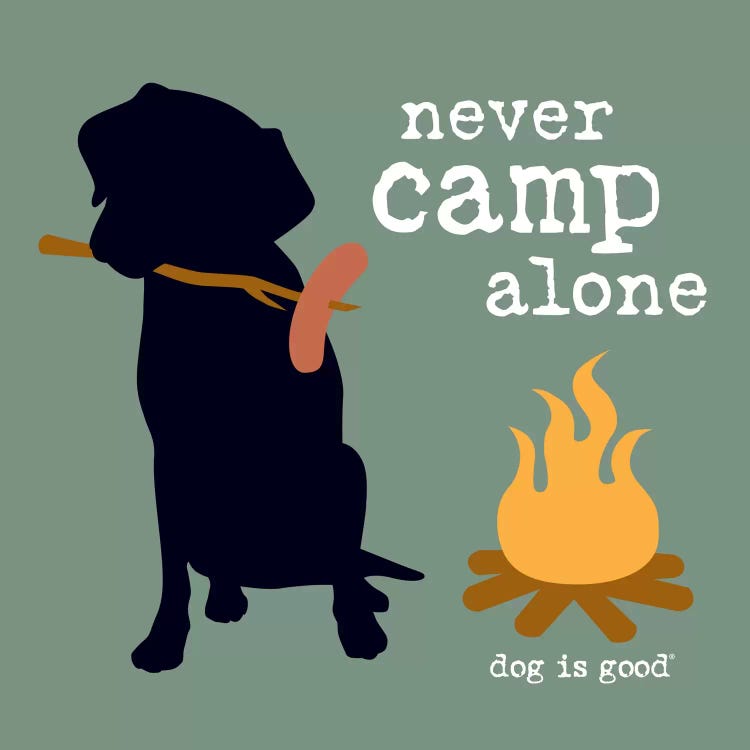 Pet art of faceless portrait of black dog with hotdog on a stick by campfire and words “never camp alone”