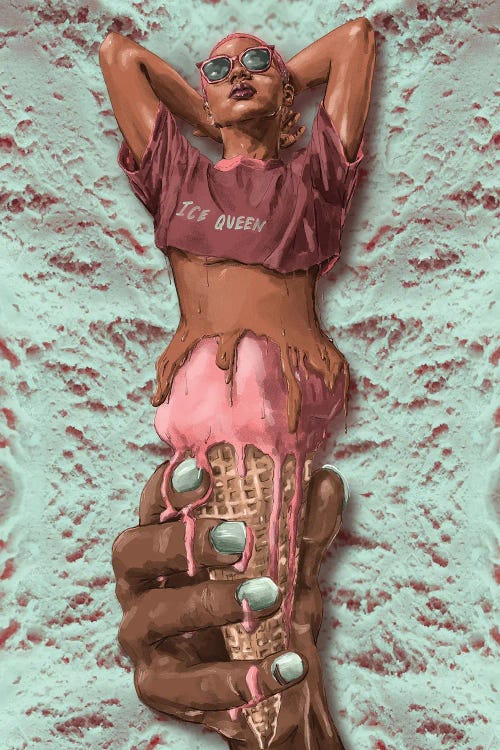 A Black woman wearing an Ice Queen shirt as her body melts into an ice cream cone by Daniel James Smith