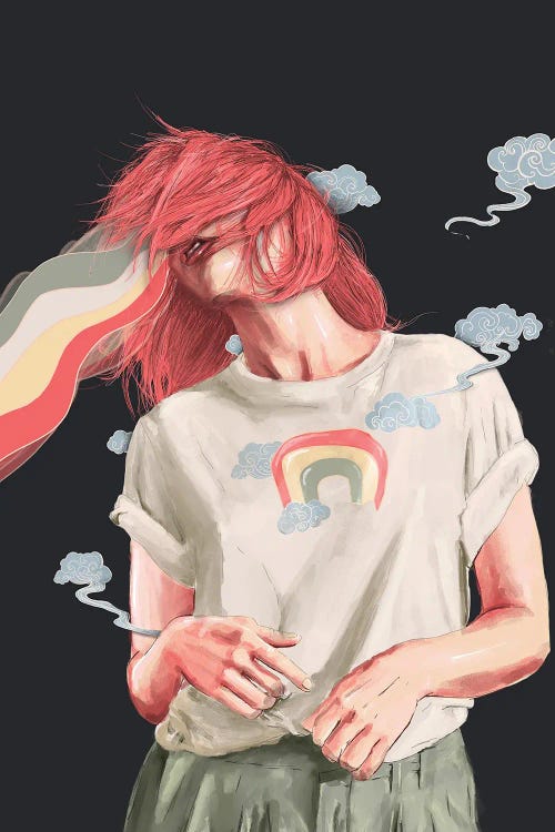 Portrait of a pink haired person wearing rainbow shirt with rainbow coming out of her face by Daniel James Smith