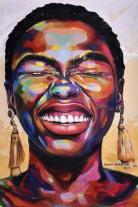 Smile art of a happy Black woman with colorful accents closing eyes and wearing dangling earrings by Damola Ayegbayo