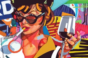 Wine art of woman in sunglasses smoking with glass of red wine in front of colorful pattern by Domonique Brown