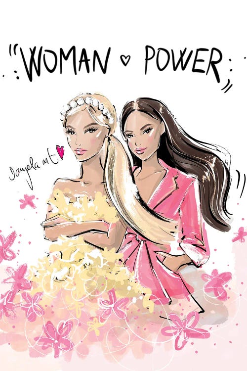 Fashion illustration of blonde and brunette in yellow and pink below words “Woman Power” by new creator Daniela Pavlikova