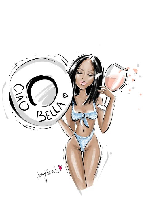 Fashion Illustration of woman in bikini drinking rose holding tube that says “ciao bella” by new artist Daniela Pavlikova