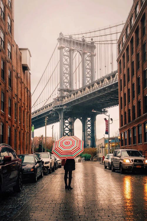 Photo of person admiring Dumbo bridge in NYC holding a colorful umbrella by new iCanvas creator Dylan Walker