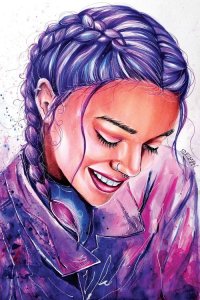 Happy art of a girl with purple hair and jacket looking down and smiling by iCanvas artist Kelly Edelman