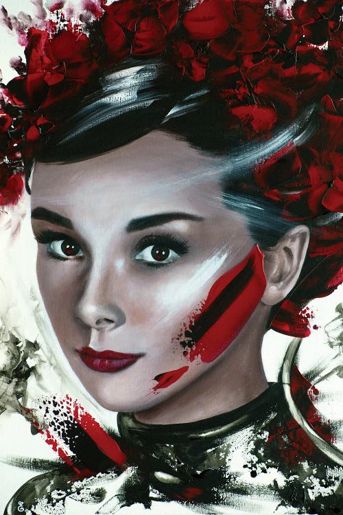Black and red abstract portrait of Audrey Hepburn featuring red florals on her head by new iCanvas artist Estelle Barbet