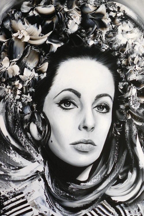 Black and white portrait of Elizabeth Taylor with floral crown by new iCanvas creator Estelle Barbet