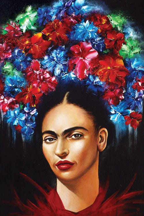 Portrait of Frida Kahlo with blue, red, pink and green flowers on head by new iCanvas artist Estelle Barbet