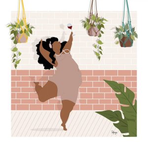 Wine art of Black, curvy, faceless woman dancing by plants with headphones in and wine glass by Fatpings Studio