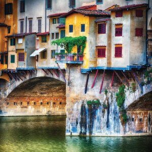 No filter photo of a small balcony overlooking the river in Ponte Vecchio Italy by iCanvas artist George Oze