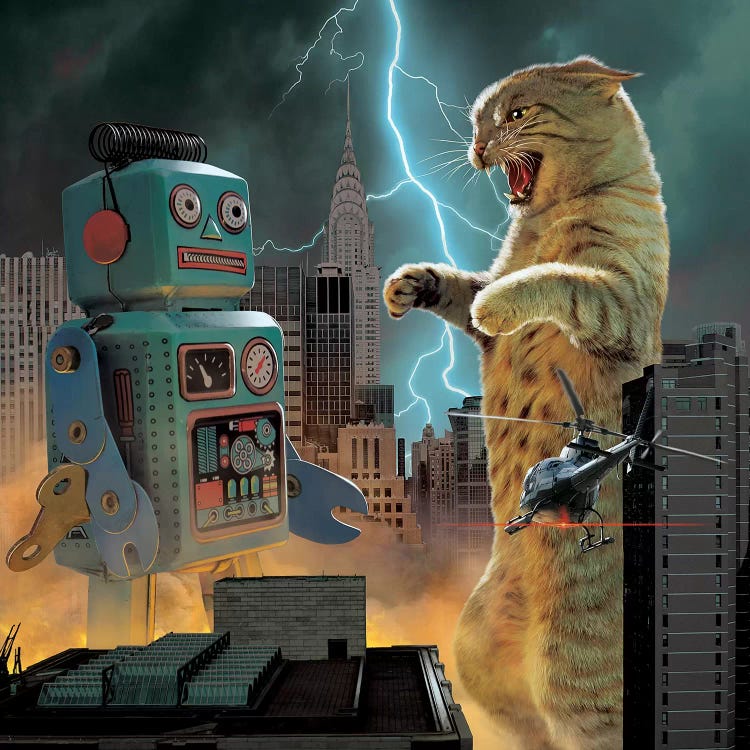 Pet art of a giant cat as Godzilla about to fight a robot during storm in the city by iCanvas artist Vincent Hie