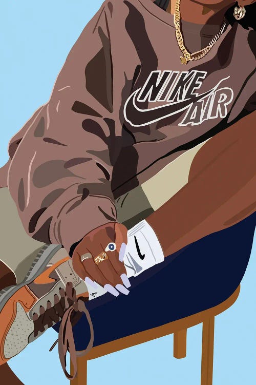 Wall art closeup of Black person on chair wearing Nike shoes, socks and Nike Air sweatshirt by new iCanvas artist Artpce