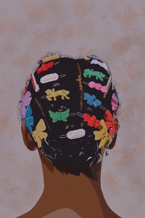 Wall art of the back of a Black woman’s head wearing colorful barrettes in animal shapes by new creator Artpce