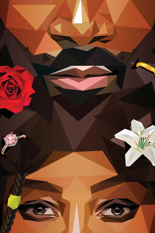 Geometric wall art of a black woman's eyes below black man's mouth featuring flowers by new creator Michael Jermaine Doughty