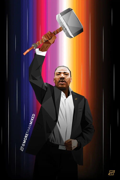 Wall art of MLK jr with hammer in front of colorful background by new iCanvas creator Michael Jermaine Doughty