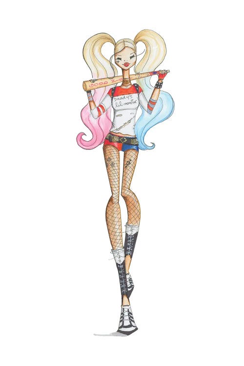 Fashion illustration of Harley Quinn carrying a bat on her shoulders by iCanvas artist Josefina Fernandez