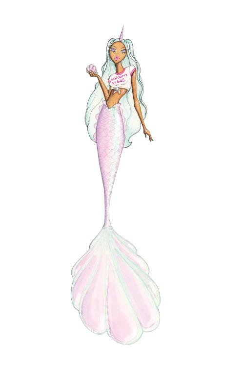 Fashion illustration of a woman with a pink mermaid tail, blue hair and a unicorn horn by Josefina Fernandez