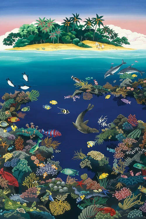 Tropical art of coral reef sea creatures below an island by new iCanvas artist Johanna Hildebrandt