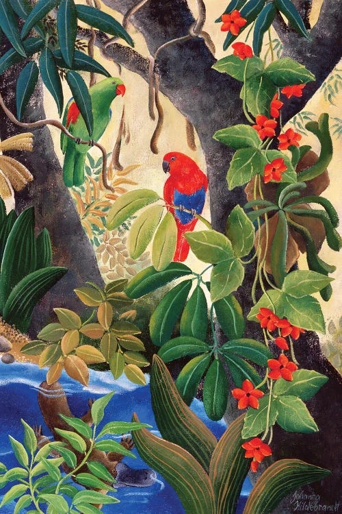 Tropical art featuring green and red botanicals, a blue river and two colorful parrots by iCanvas artist Johanna Hildebrandt