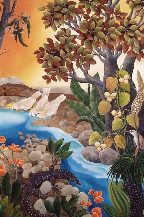 Painting of a creekbed featuring three white birds and a lizard by new iCanvas creator Johanna Hildebrandt