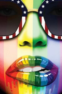Pride art closeup of a face with American flag sunglasses and Pride rainbow colors across face and lips by Jan Raphael