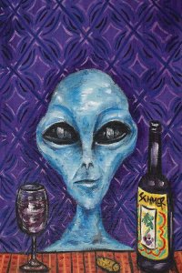 Wine wall art of a blue alien next to wine glass and bottle in front of purple pattern by iCanvas artist Jay Schmetz