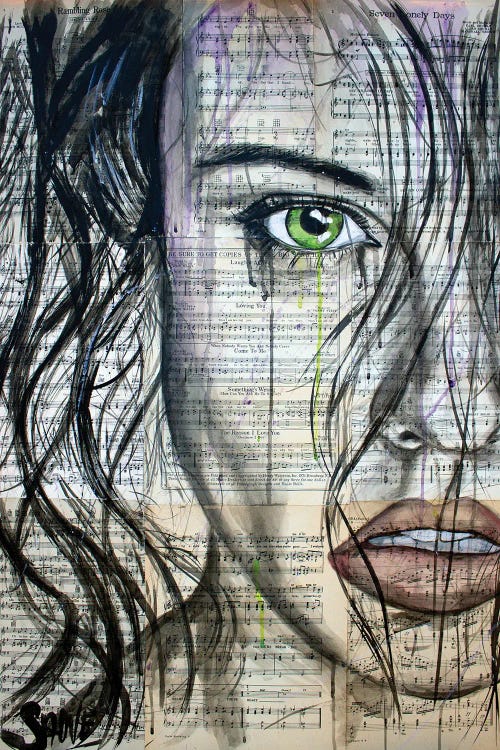 Close portrait of a woman face with green eye in front of sheet music by new iCanvas creator Jason Sauve