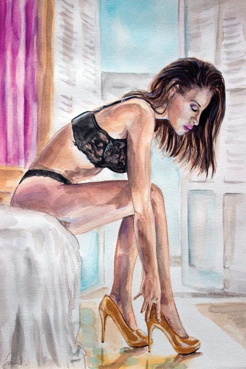 Illustration of a woman in black lingerie putting on heels in front of window by new iCanvas creator Jason Sauve