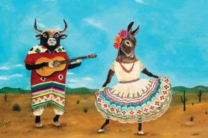 Wall art of a bull playing a guitar next to a donkey in a dress in the desert by iCanvas artist Jahna Vashti