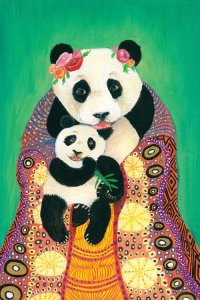 Wall art of a mother panda with flowers in her ears and a colorful robe holding her baby as it eats bamboo