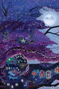 Purple hued wall art of a tree and fantastical town below the moon by 5 Questions With artist Jahna Vashti