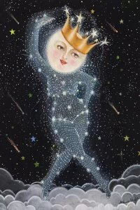 Wall art of the moon with a face and crown and a body made up of constellations by iCanvas artist Jahna Vashti