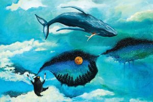 Blue wall art featuring a blue whale, a black bear and a woman in the clouded starry sky by iCanvas artist Jahna Vashti