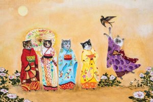 Wall art of five cats wearing colorful kimonos below the sun by 5 Questions With featured artist Jahna Vashti