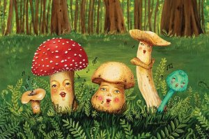 Wall art of five mushrooms in the forest saying together by 5 Questions With artist Jahna Vashti