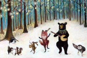Wall art of a black bear, fox, owl and squirrels celebrating in a wintry woodland by iCanvas artist Jahna Vashti