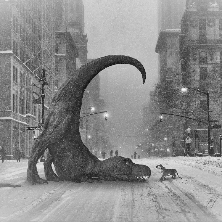 Black and white surreal art of a T-rex facing a tiger on a snowy city street by iCanvas artist Kathrin Federer