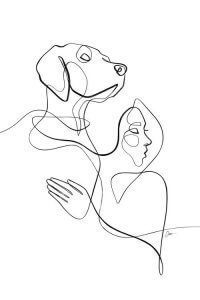 Black and white continuous line drawing of a woman with her arm around her dog by iCanvas artist Dane Khy