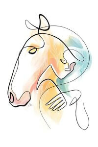 Line drawing of a woman and horse embracing featuring pink orange and blue hues