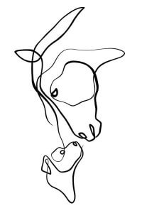 Black and white line art of a horse looking down at a dog looking up at it fondly by iCanvas artist Dane Khy