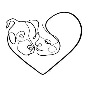 Black and white line art connecting a dogs head with a woman’s head in the shape of a heart