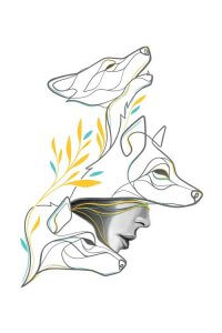 Black and white continuous line drawing of three wolves and a woman’s face merged with a yellow and blue limb