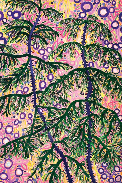 Painting of Norfolk island pines against a pink background with circles by new iCanvas creator Katie Jurkiewicz