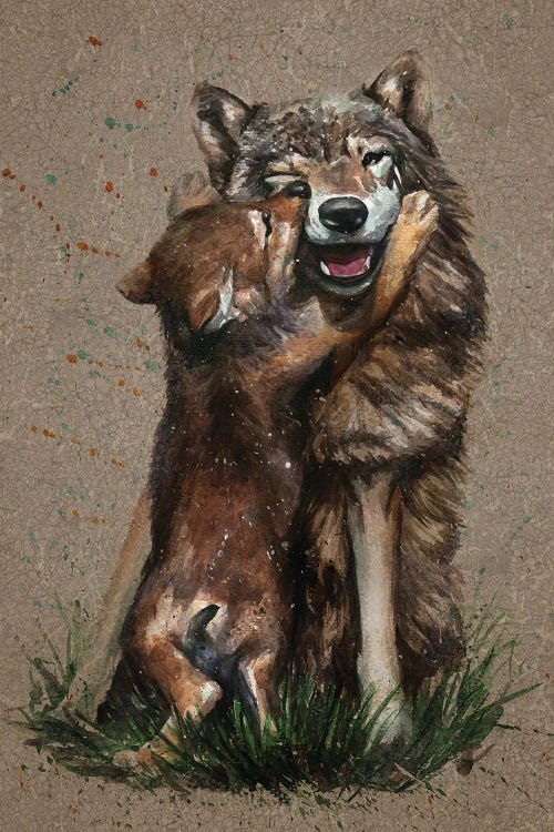 Painting of a wolf father and his wolf pup jumping to lick his face by new creator Konstantin Kalinin