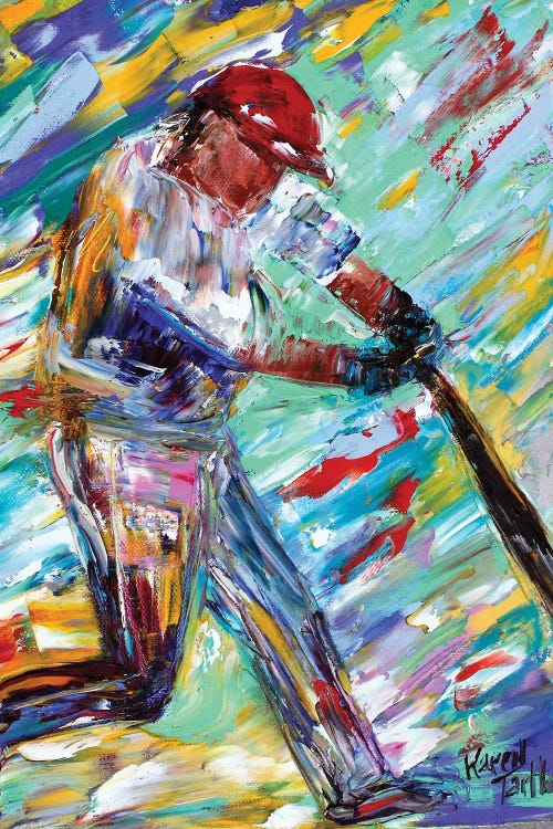 Colorful impressionistic sport art of baseball player hitting a grand slam by iCanvas artist Karen Tarlton